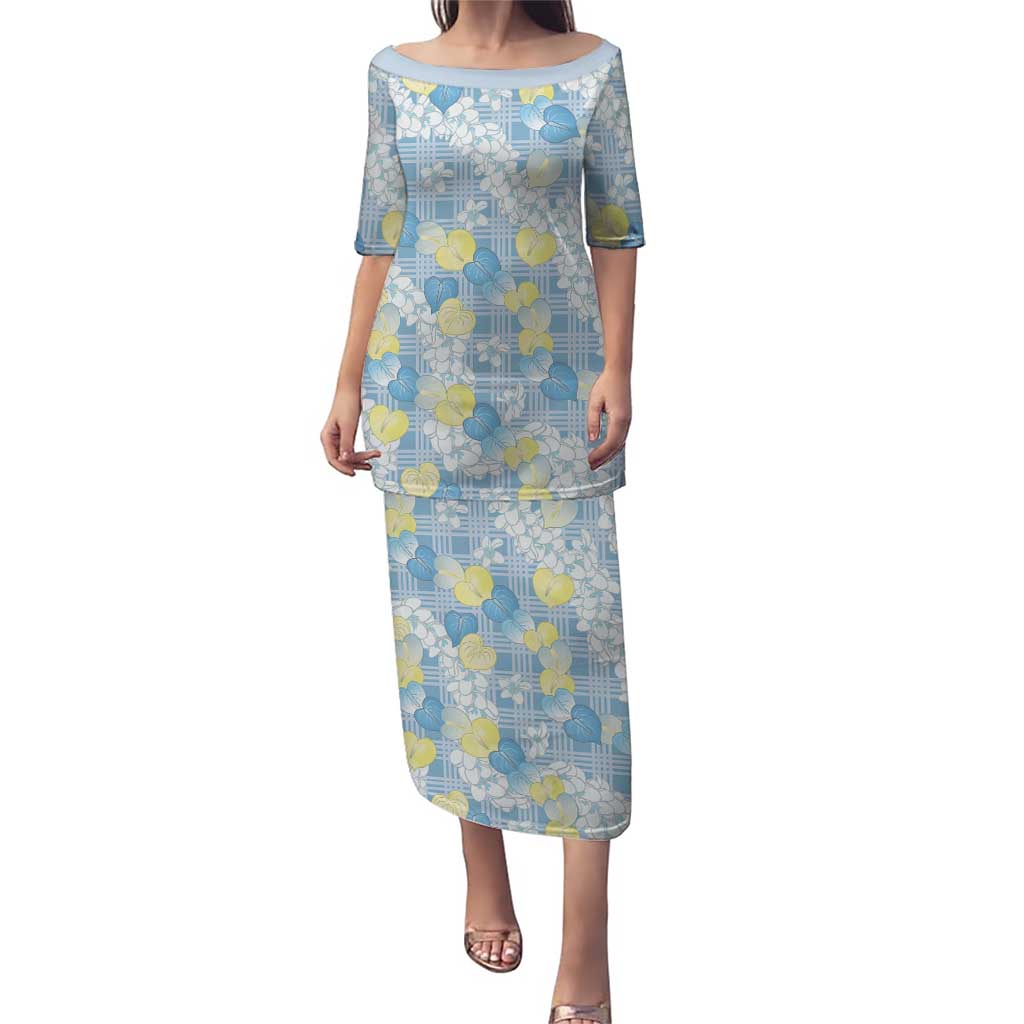 Anthurium Plumeria Lei Pastel Puletasi Blue Hawaiian Splendid Palaka LT01 Long Dress Blue - Polynesian Pride