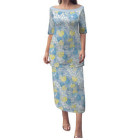 Anthurium Plumeria Lei Pastel Puletasi Blue Hawaiian Splendid Palaka LT01 Long Dress Blue - Polynesian Pride