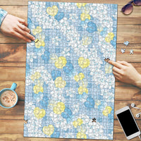 Anthurium Plumeria Lei Pastel Puzzle Blue Hawaiian Splendid Palaka LT01 Blue - Polynesian Pride