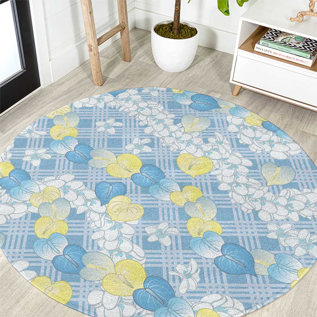 Anthurium Plumeria Lei Pastel Round Carpet Blue Hawaiian Splendid Palaka LT01 Blue - Polynesian Pride