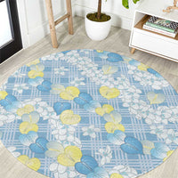 Anthurium Plumeria Lei Pastel Round Carpet Blue Hawaiian Splendid Palaka LT01 Blue - Polynesian Pride