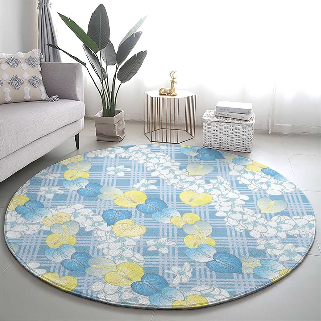 Anthurium Plumeria Lei Pastel Round Carpet Blue Hawaiian Splendid Palaka LT01 - Polynesian Pride