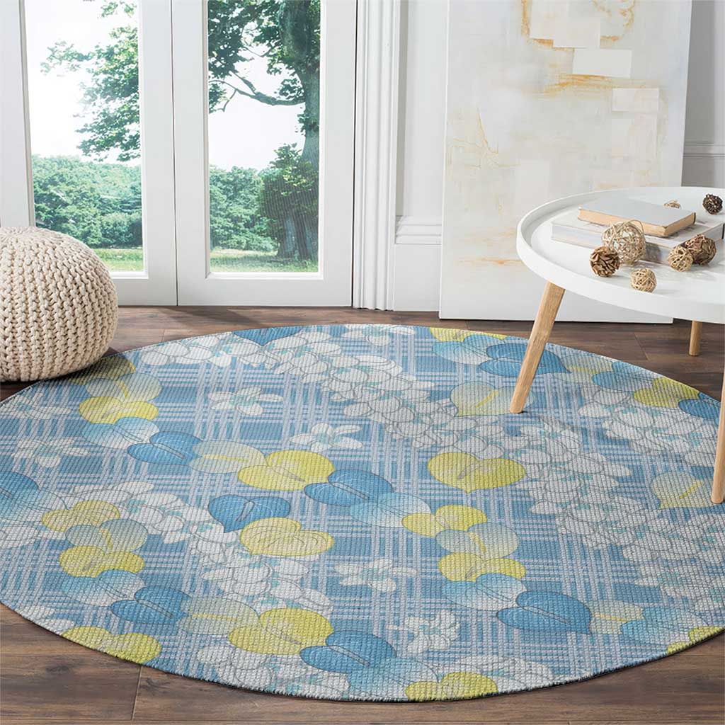 Anthurium Plumeria Lei Pastel Round Carpet Blue Hawaiian Splendid Palaka LT01 - Polynesian Pride