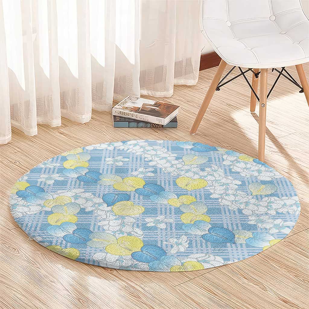 Anthurium Plumeria Lei Pastel Round Carpet Blue Hawaiian Splendid Palaka LT01 - Polynesian Pride