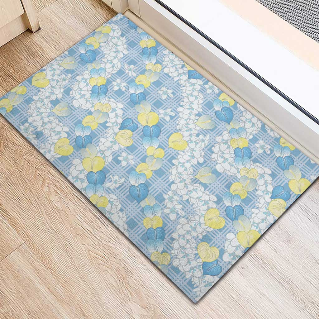Anthurium Plumeria Lei Pastel Rubber Doormat Blue Hawaiian Splendid Palaka LT01 - Polynesian Pride