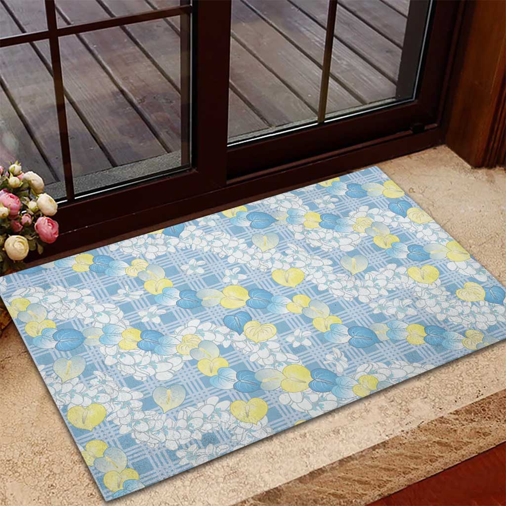 Anthurium Plumeria Lei Pastel Rubber Doormat Blue Hawaiian Splendid Palaka LT01 - Polynesian Pride