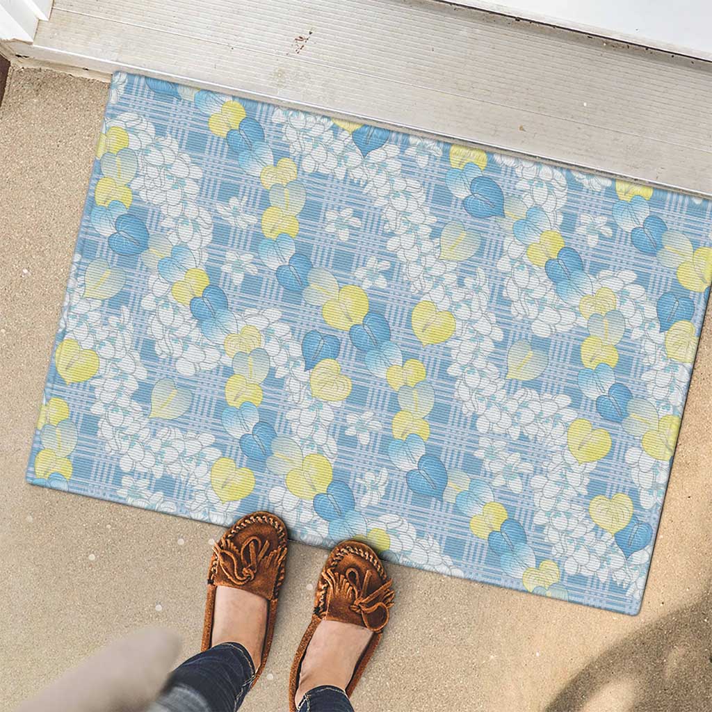Anthurium Plumeria Lei Pastel Rubber Doormat Blue Hawaiian Splendid Palaka LT01 - Polynesian Pride