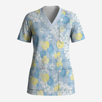 Anthurium Plumeria Lei Pastel Scrub Top Blue Hawaiian Splendid Palaka LT01 Adult Blue - Polynesian Pride