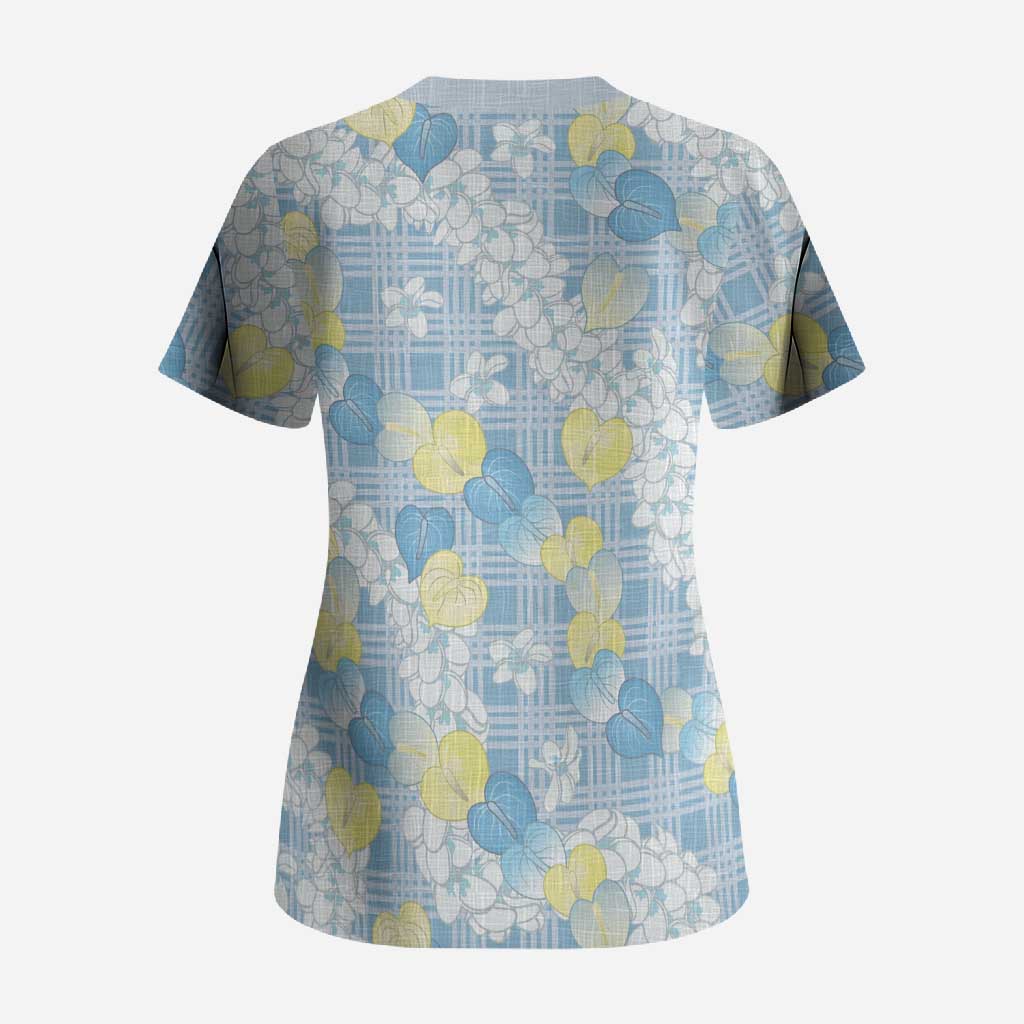 Anthurium Plumeria Lei Pastel Scrub Top Blue Hawaiian Splendid Palaka LT01 - Polynesian Pride