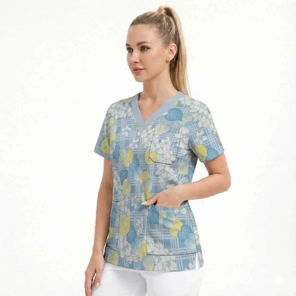 Anthurium Plumeria Lei Pastel Scrub Top Blue Hawaiian Splendid Palaka LT01 - Polynesian Pride