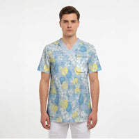 Anthurium Plumeria Lei Pastel Scrub Top Blue Hawaiian Splendid Palaka LT01 - Polynesian Pride