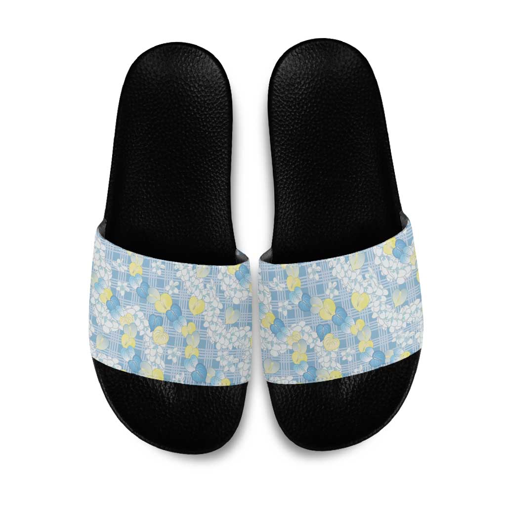 Anthurium Plumeria Lei Pastel Slide Sandals Blue Hawaiian Splendid Palaka LT01 Blue - Polynesian Pride