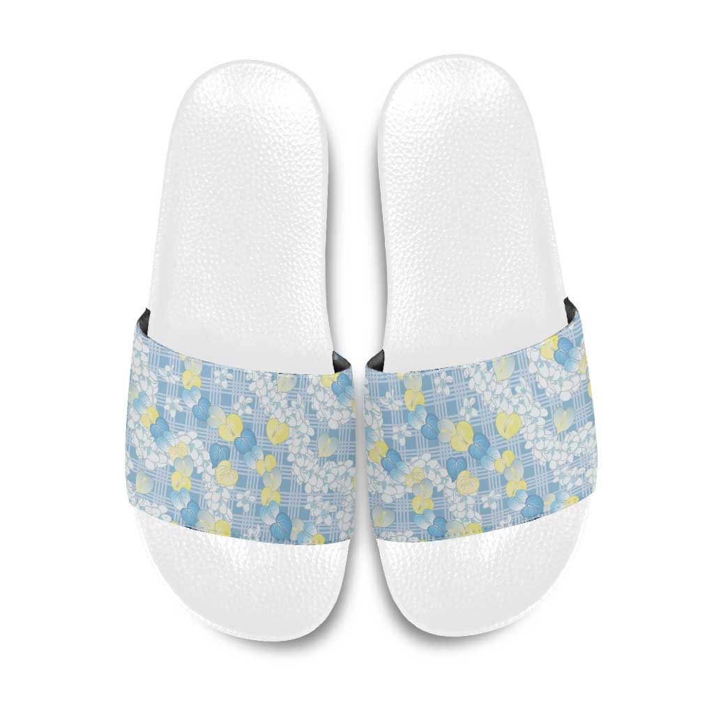 Anthurium Plumeria Lei Pastel Slide Sandals Blue Hawaiian Splendid Palaka LT01 Blue - Polynesian Pride