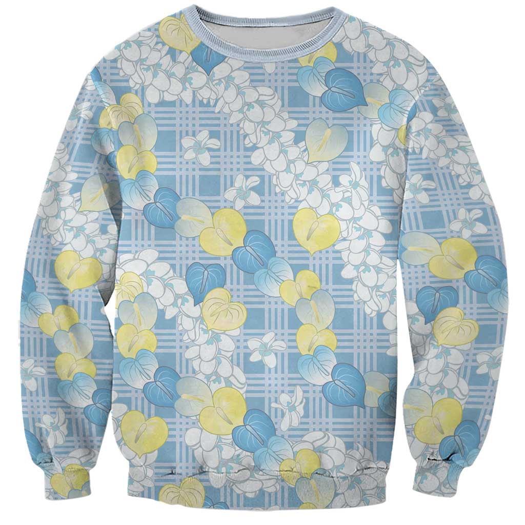Anthurium Plumeria Lei Pastel Sweatshirt Blue Hawaiian Splendid Palaka LT01 Unisex Blue - Polynesian Pride