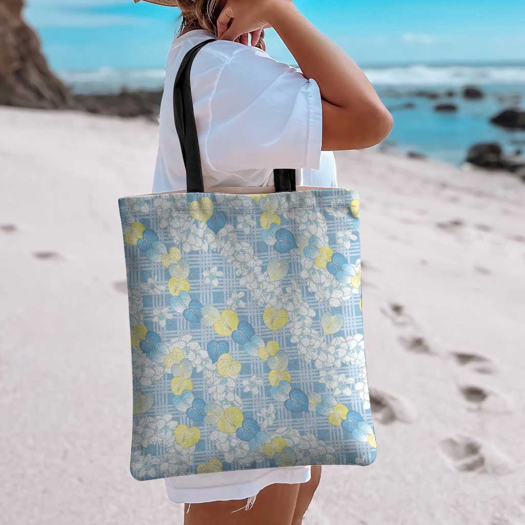 Anthurium Plumeria Lei Pastel Tote Bag Blue Hawaiian Splendid Palaka LT01 - Polynesian Pride