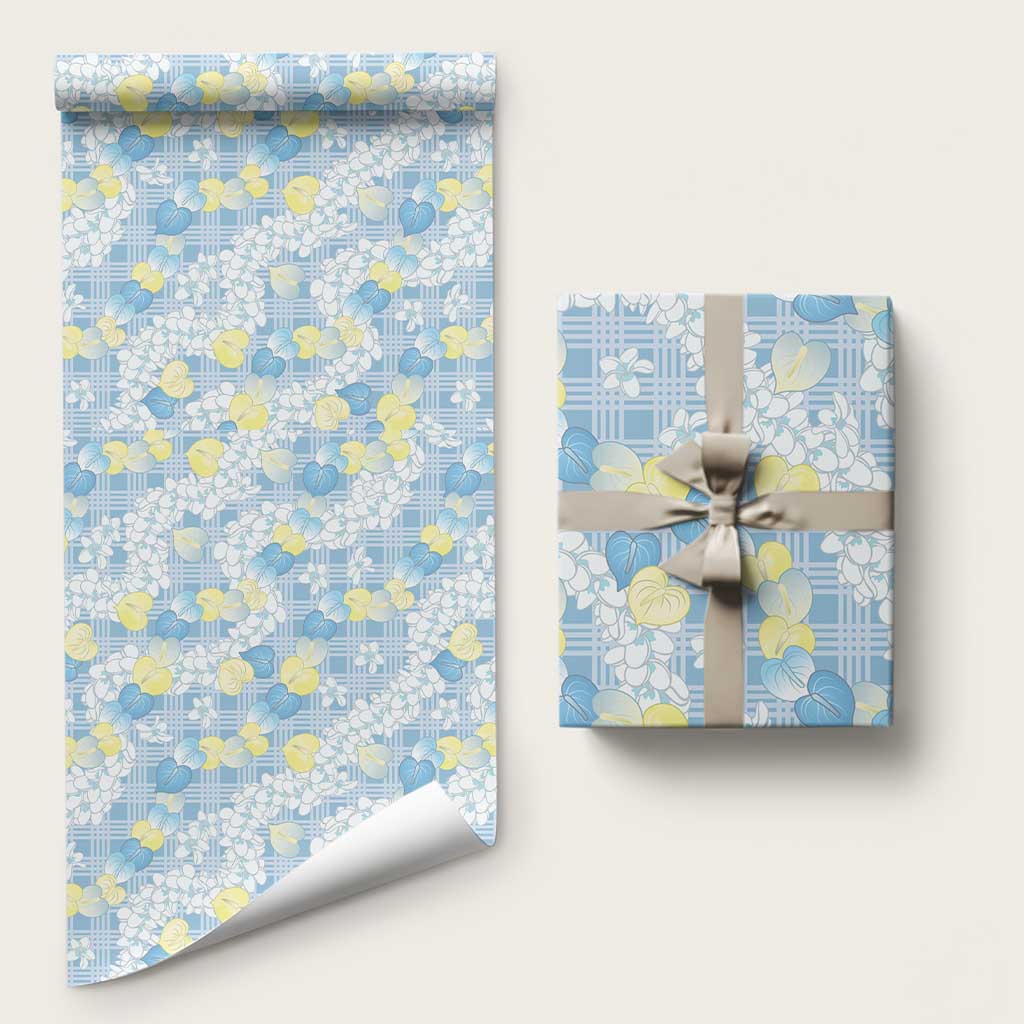 Anthurium Plumeria Lei Pastel Wrapping Paper Blue Hawaiian Splendid Palaka LT01 58" × 23" Blue - Polynesian Pride