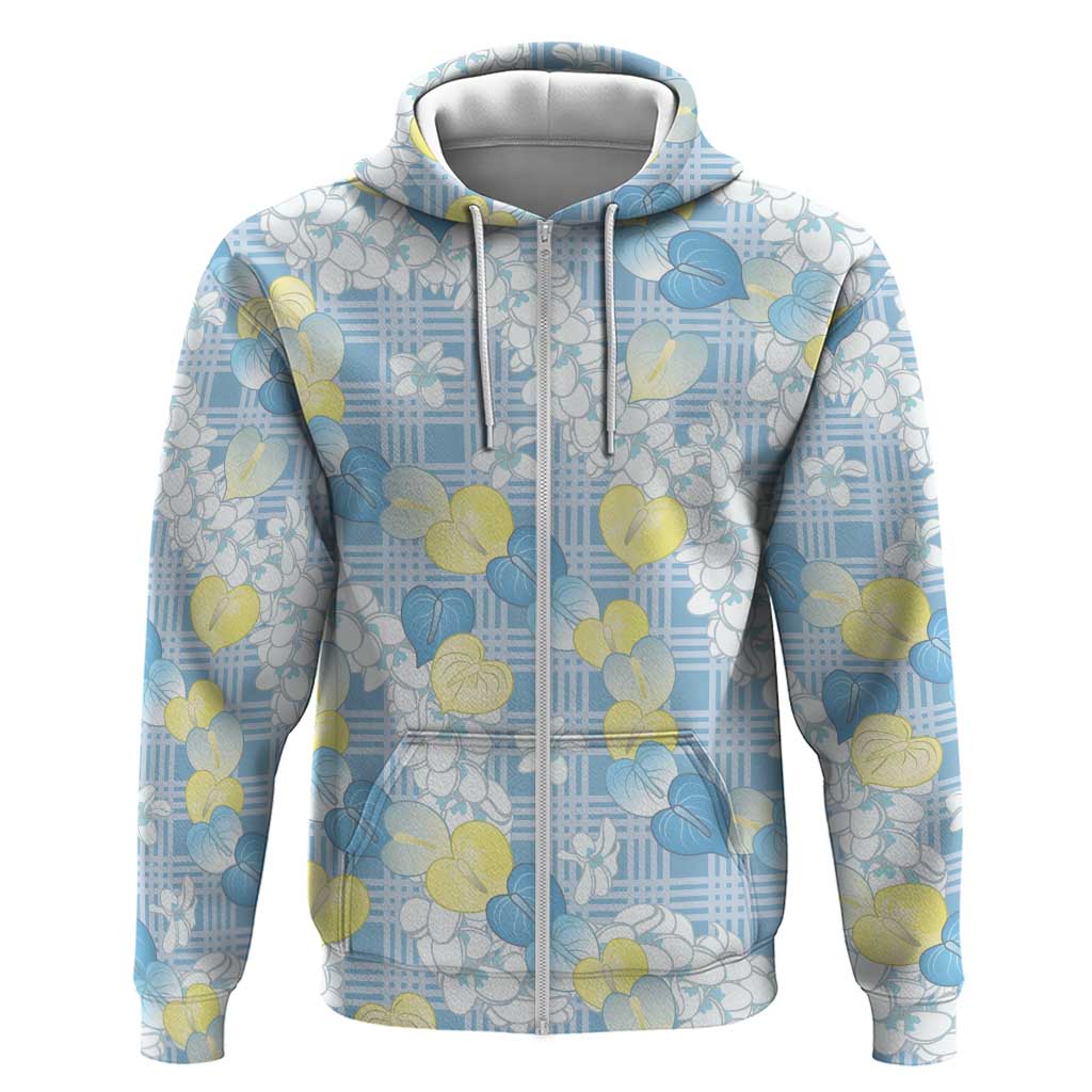Anthurium Plumeria Lei Pastel Zip Hoodie Blue Hawaiian Splendid Palaka LT01 Zip Hoodie Blue - Polynesian Pride