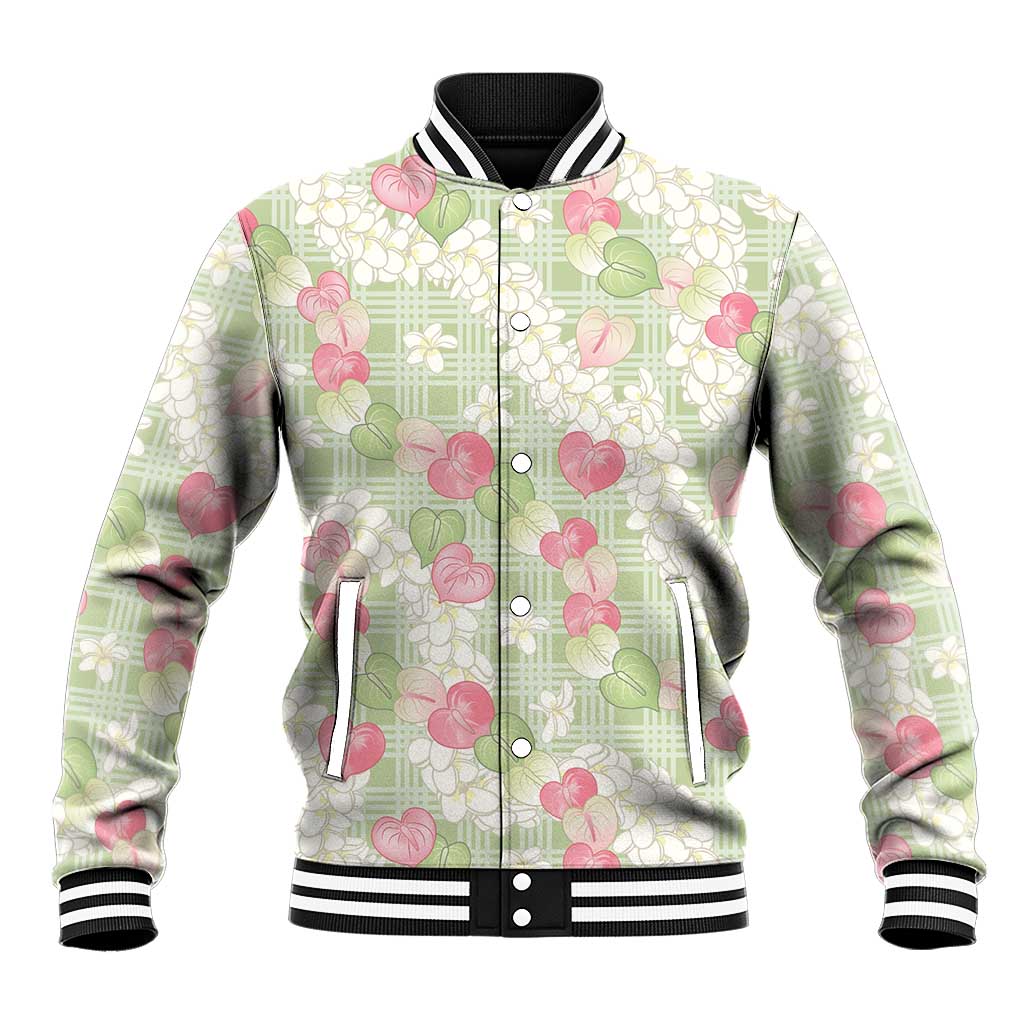 Anthurium Plumeria Lei Pastel Baseball Jacket Green Hawaiian Splendid Palaka LT01 Unisex Green - Polynesian Pride