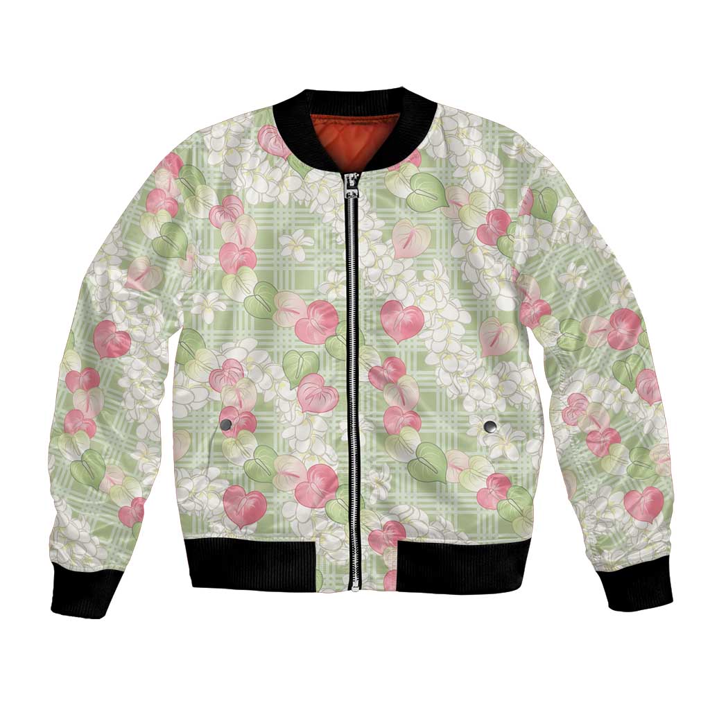 Anthurium Plumeria Lei Pastel Bomber Jacket Green Hawaiian Splendid Palaka LT01 Unisex Green - Polynesian Pride