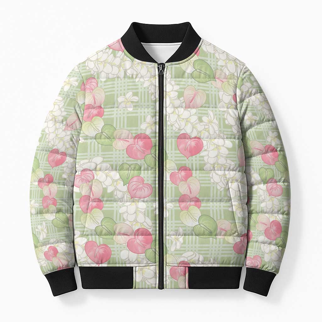 Anthurium Plumeria Lei Pastel Bomber Puffer Jacket Green Hawaiian Splendid Palaka LT01 Unisex Green - Polynesian Pride