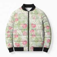 Anthurium Plumeria Lei Pastel Bomber Puffer Jacket Green Hawaiian Splendid Palaka LT01 Unisex Green - Polynesian Pride