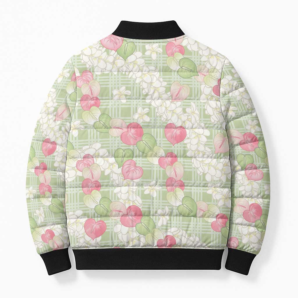 Anthurium Plumeria Lei Pastel Bomber Puffer Jacket Green Hawaiian Splendid Palaka LT01 - Polynesian Pride