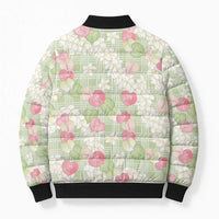 Anthurium Plumeria Lei Pastel Bomber Puffer Jacket Green Hawaiian Splendid Palaka LT01 - Polynesian Pride