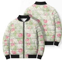 Anthurium Plumeria Lei Pastel Bomber Puffer Jacket Green Hawaiian Splendid Palaka LT01 - Polynesian Pride