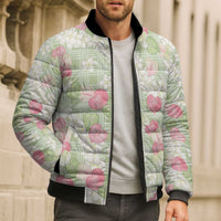 Anthurium Plumeria Lei Pastel Bomber Puffer Jacket Green Hawaiian Splendid Palaka LT01 - Polynesian Pride