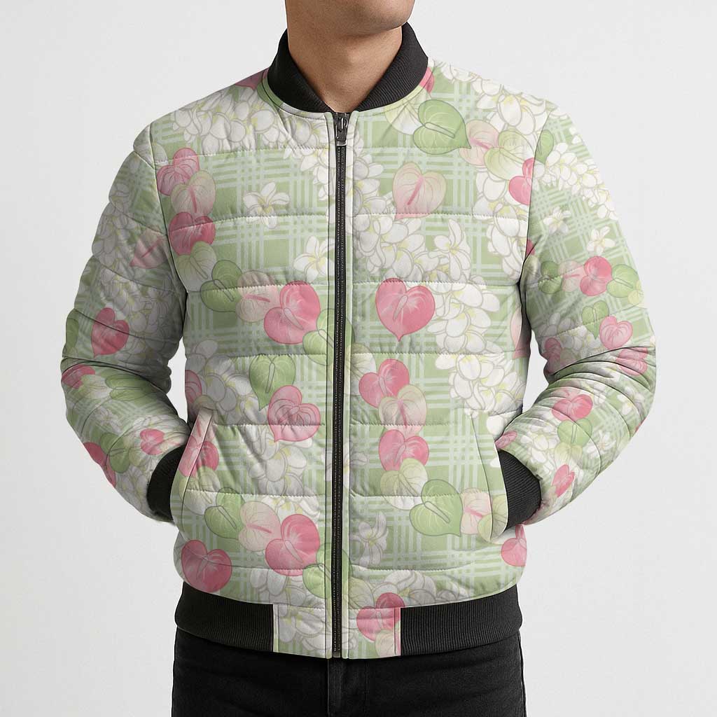 Anthurium Plumeria Lei Pastel Bomber Puffer Jacket Green Hawaiian Splendid Palaka LT01 - Polynesian Pride