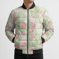 Anthurium Plumeria Lei Pastel Bomber Puffer Jacket Green Hawaiian Splendid Palaka LT01 - Polynesian Pride