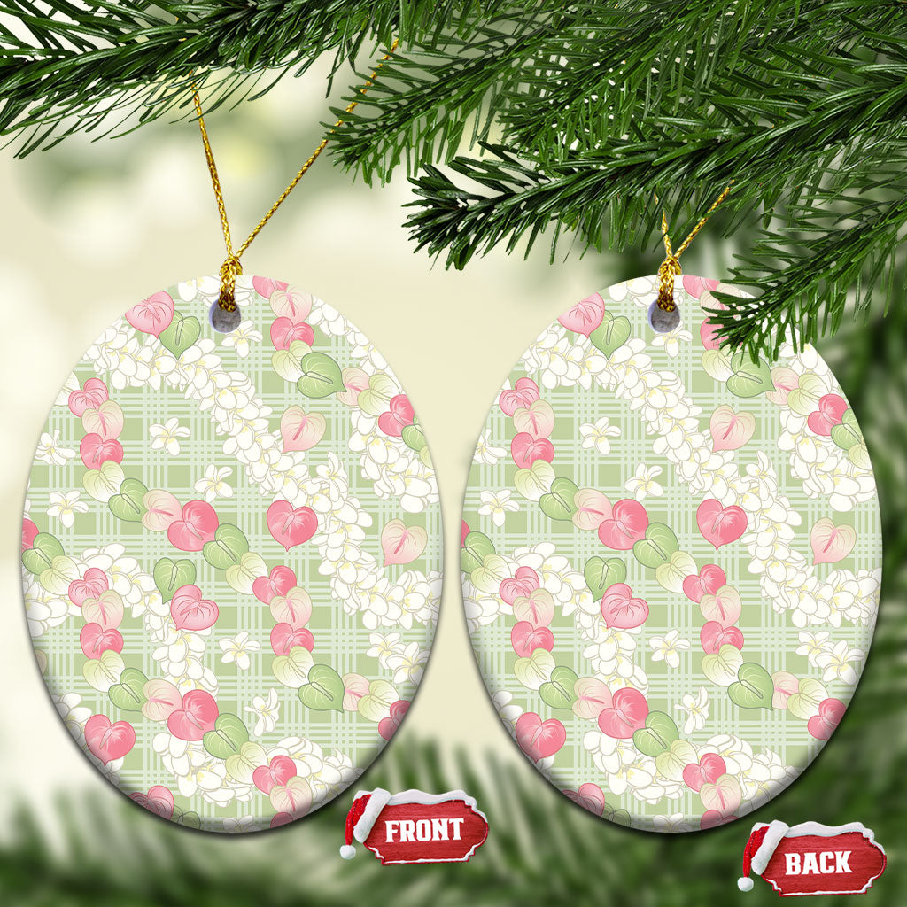Anthurium Plumeria Lei Pastel Ceramic Ornament Green Hawaiian Splendid Palaka LT01 Oval Green - Polynesian Pride
