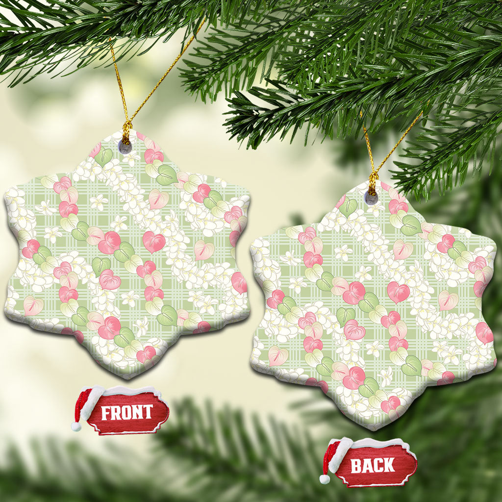 Anthurium Plumeria Lei Pastel Ceramic Ornament Green Hawaiian Splendid Palaka LT01 Snow Flake Green - Polynesian Pride