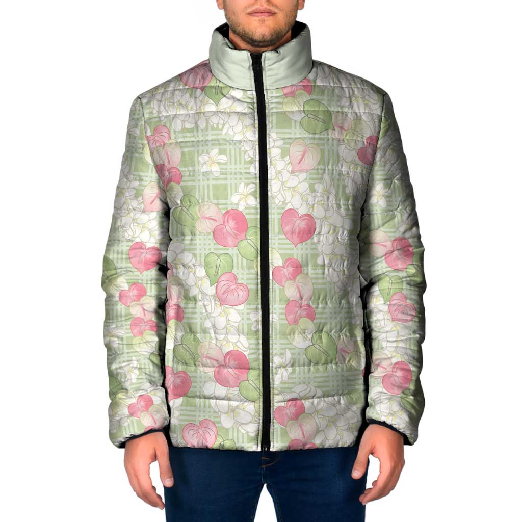 Anthurium Plumeria Lei Pastel Padded Jacket Green Hawaiian Splendid Palaka LT01 Men Green - Polynesian Pride