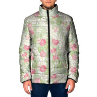 Anthurium Plumeria Lei Pastel Padded Jacket Green Hawaiian Splendid Palaka LT01 Men Green - Polynesian Pride
