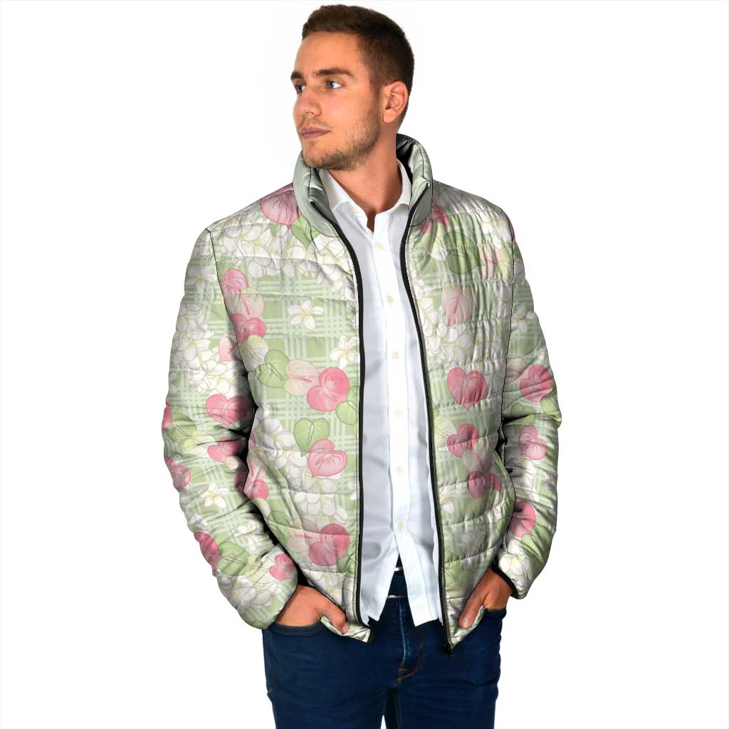 Anthurium Plumeria Lei Pastel Padded Jacket Green Hawaiian Splendid Palaka LT01 - Polynesian Pride