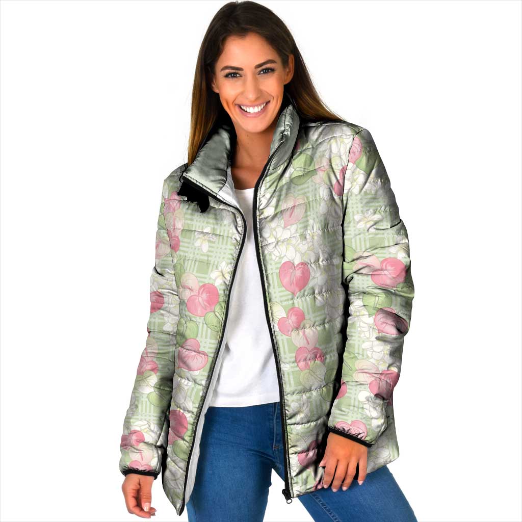 Anthurium Plumeria Lei Pastel Padded Jacket Green Hawaiian Splendid Palaka LT01 Women Green - Polynesian Pride