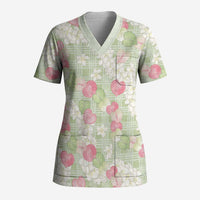 Anthurium Plumeria Lei Pastel Scrub Top Green Hawaiian Splendid Palaka LT01 Adult Green - Polynesian Pride