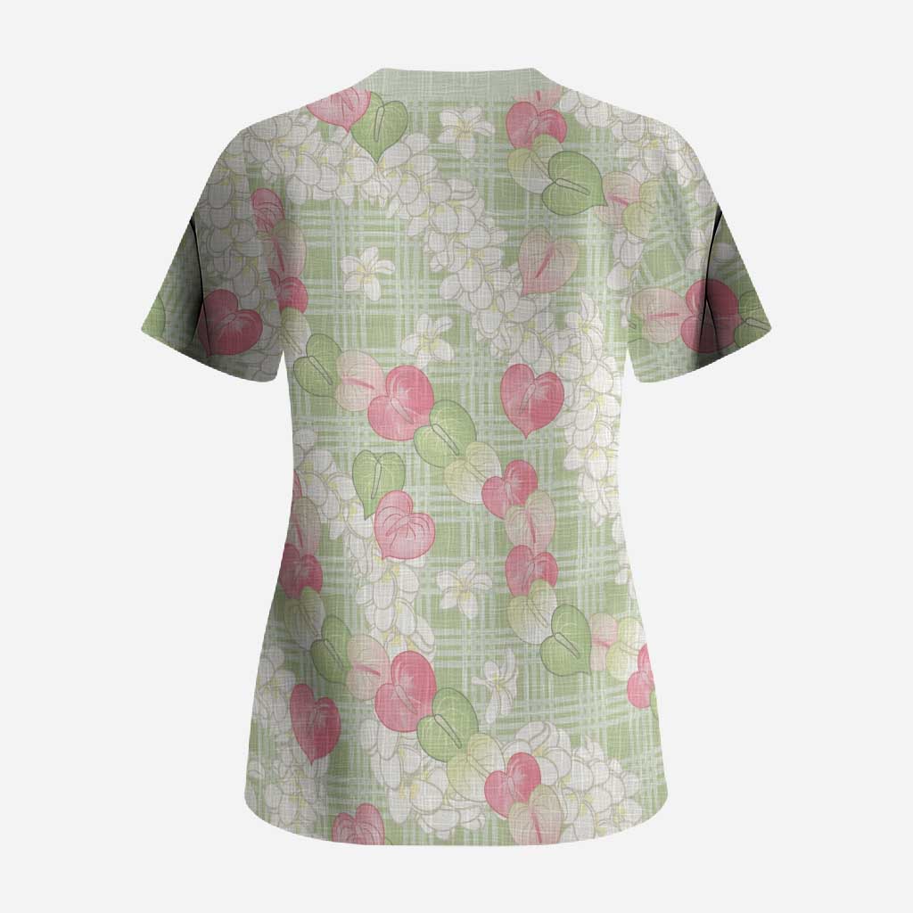 Anthurium Plumeria Lei Pastel Scrub Top Green Hawaiian Splendid Palaka LT01 - Polynesian Pride