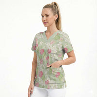 Anthurium Plumeria Lei Pastel Scrub Top Green Hawaiian Splendid Palaka LT01 - Polynesian Pride