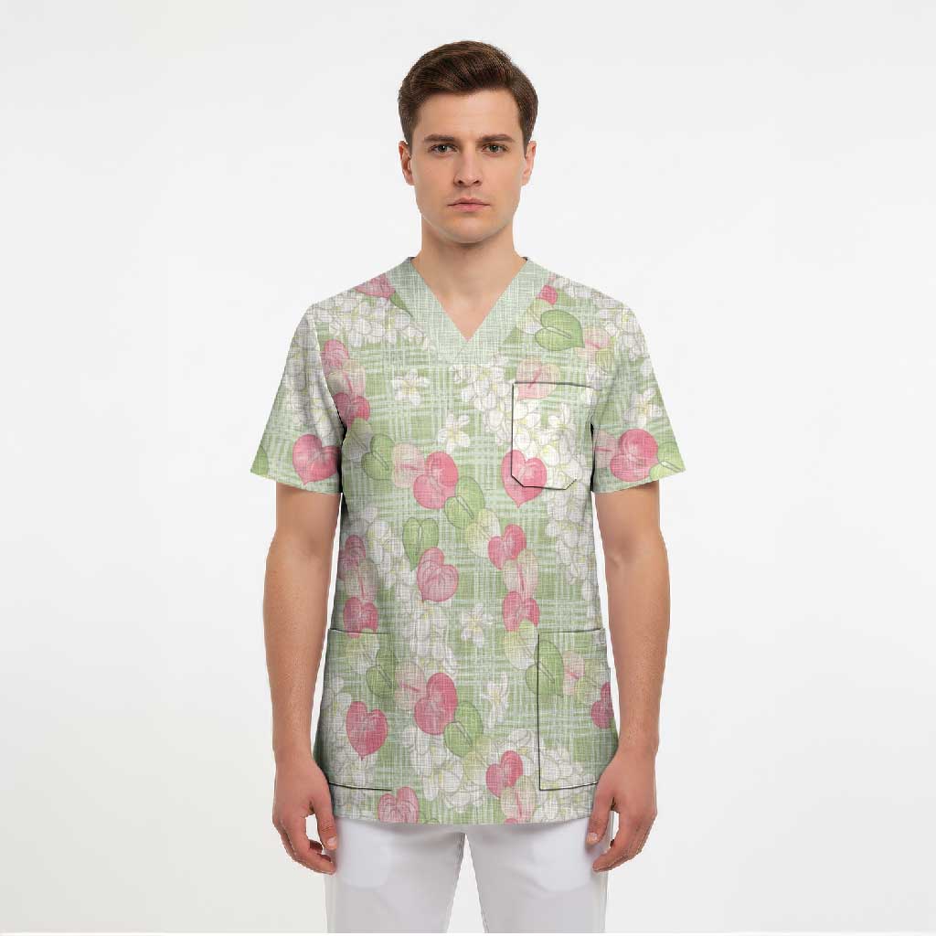 Anthurium Plumeria Lei Pastel Scrub Top Green Hawaiian Splendid Palaka LT01 - Polynesian Pride