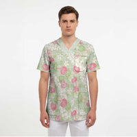 Anthurium Plumeria Lei Pastel Scrub Top Green Hawaiian Splendid Palaka LT01 - Polynesian Pride