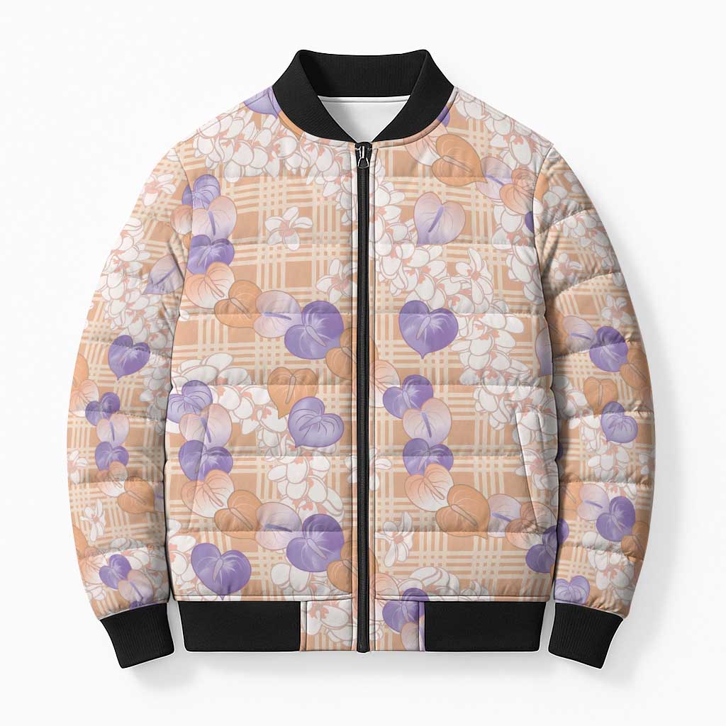 Anthurium Plumeria Lei Pastel Bomber Puffer Jacket Orange Hawaiian Splendid Palaka LT01 Unisex Orange - Polynesian Pride
