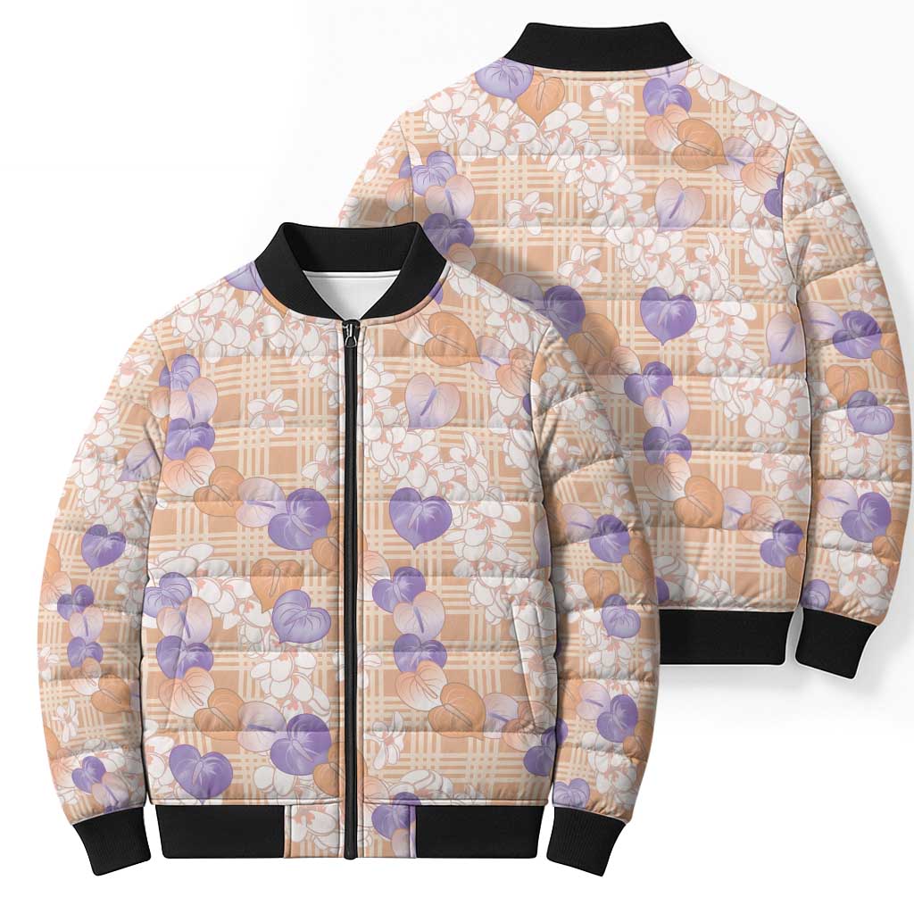 Anthurium Plumeria Lei Pastel Bomber Puffer Jacket Orange Hawaiian Splendid Palaka LT01 - Polynesian Pride