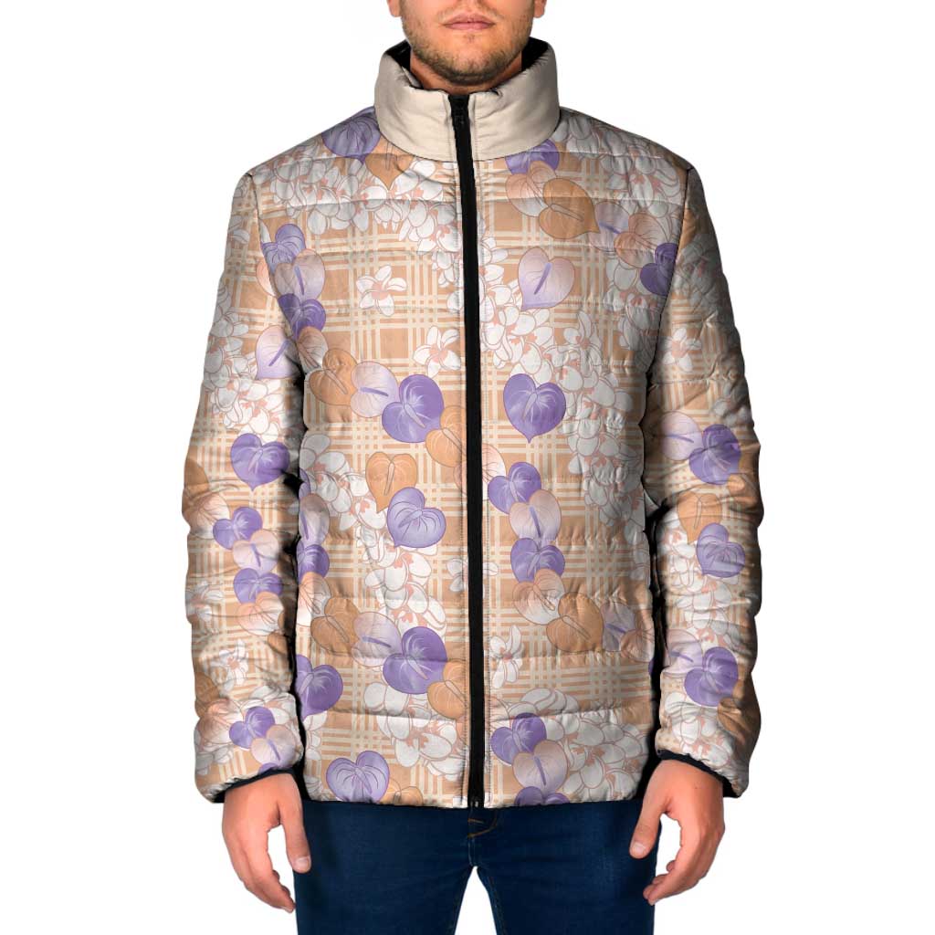 Anthurium Plumeria Lei Pastel Padded Jacket Orange Hawaiian Splendid Palaka LT01 Men Orange - Polynesian Pride