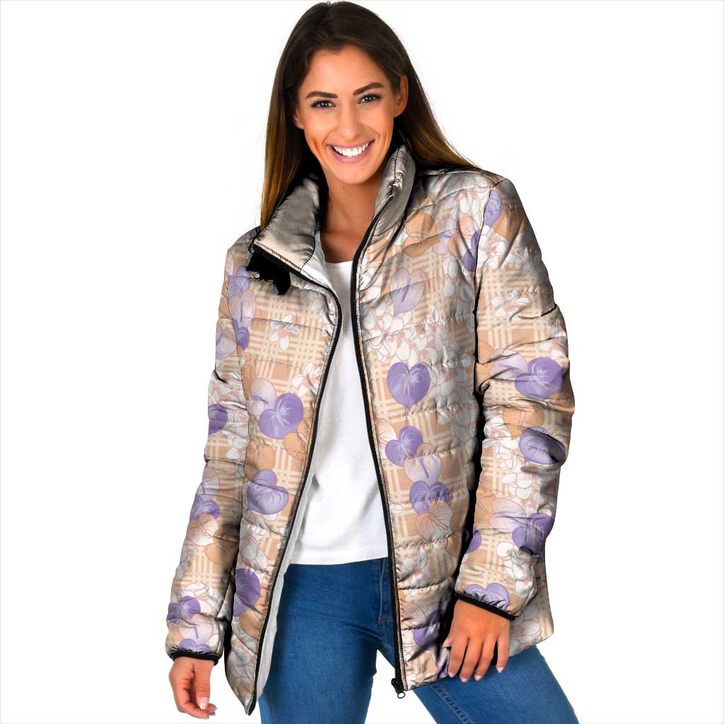 Anthurium Plumeria Lei Pastel Padded Jacket Orange Hawaiian Splendid Palaka LT01 Women Orange - Polynesian Pride