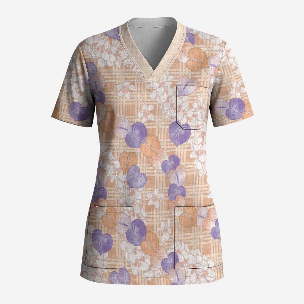 Anthurium Plumeria Lei Pastel Scrub Top Orange Hawaiian Splendid Palaka LT01 Adult Orange - Polynesian Pride
