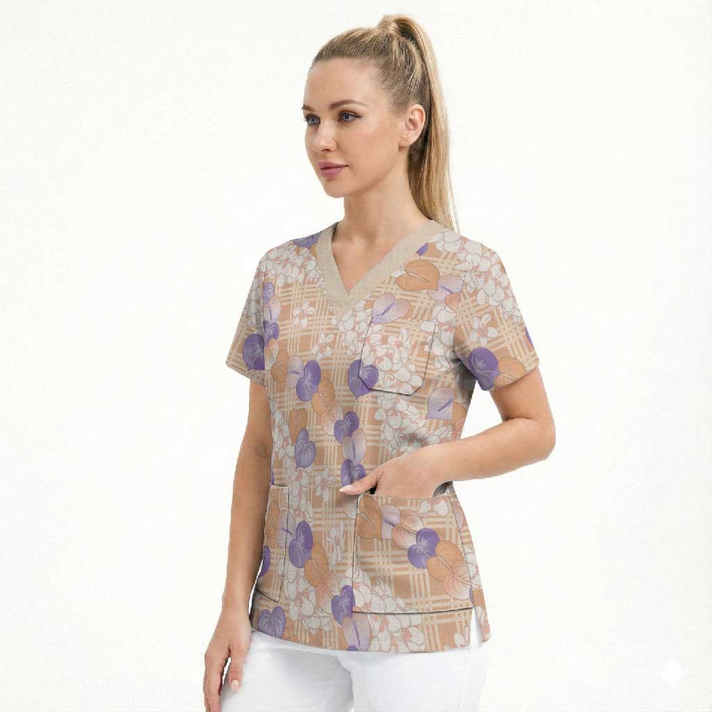 Anthurium Plumeria Lei Pastel Scrub Top Orange Hawaiian Splendid Palaka LT01 - Polynesian Pride