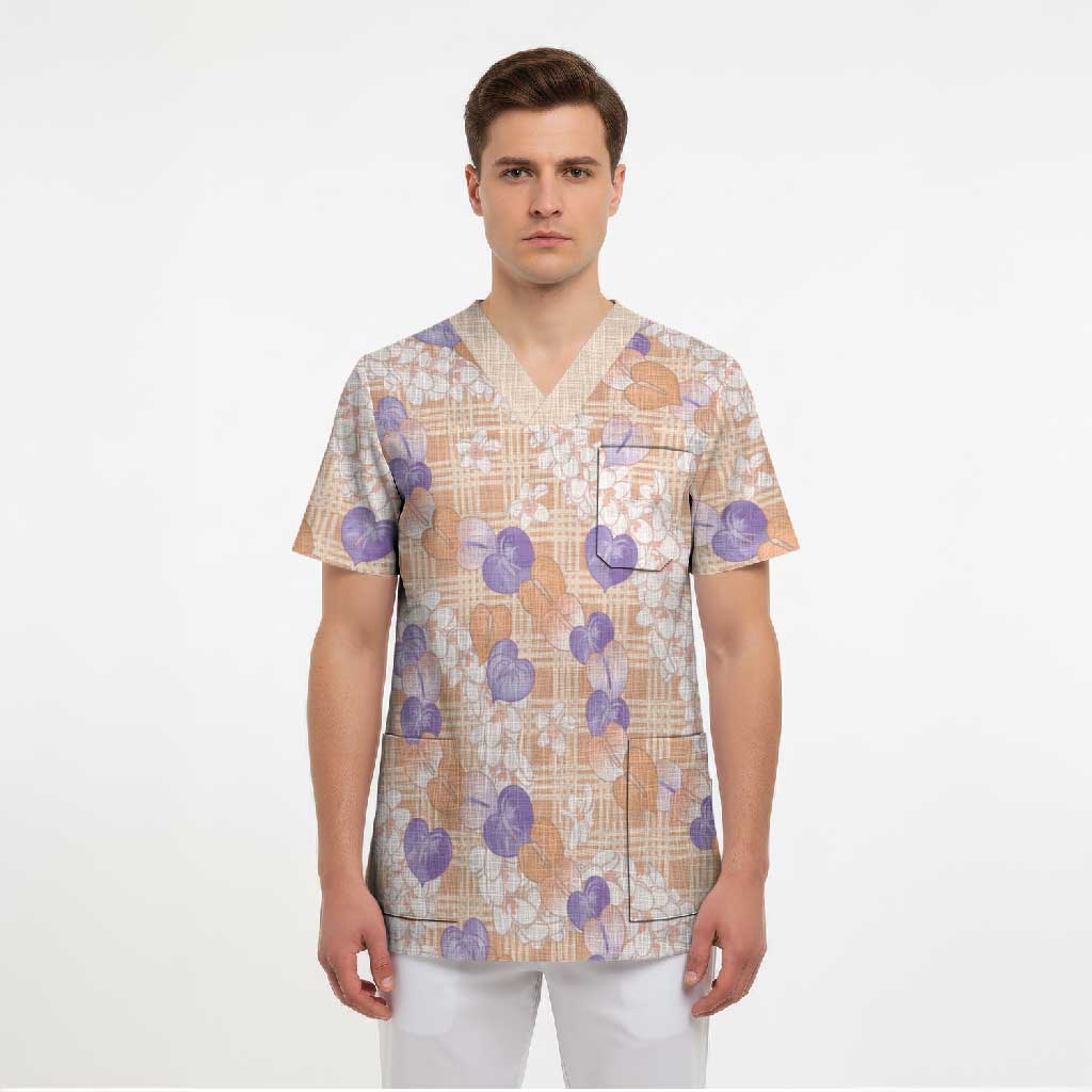 Anthurium Plumeria Lei Pastel Scrub Top Orange Hawaiian Splendid Palaka LT01 - Polynesian Pride