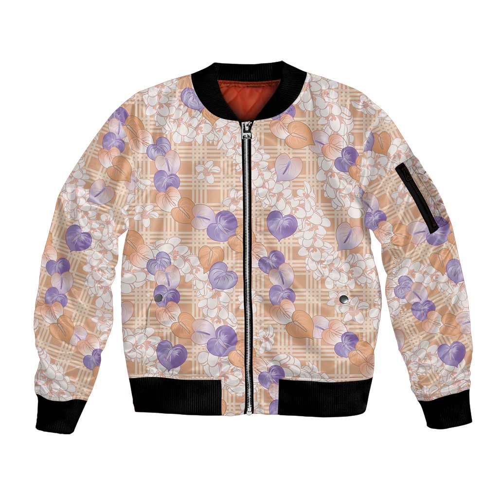 Anthurium Plumeria Lei Pastel Sleeve Zip Bomber Jacket Orange Hawaiian Splendid Palaka LT01 Unisex Orange - Polynesian Pride